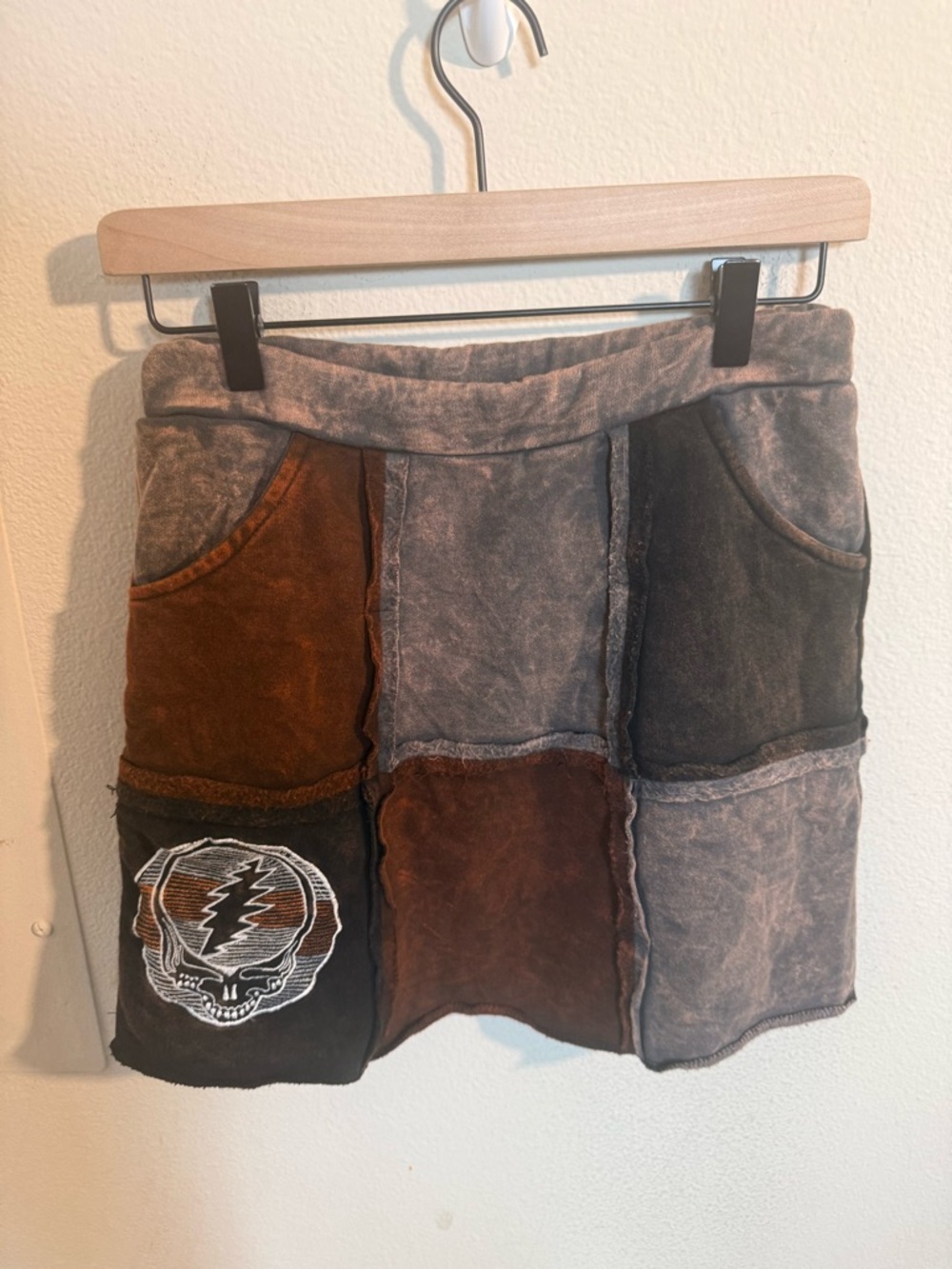 Grateful Dead Patchwork Mini Skirt Brown Size S Stealie Patch